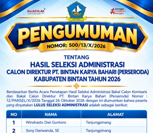 7 Calon Direktur PT. Bintan Karya Bahari (Perseroda) Ditetapkan, Seleksi Berlanjut ke Uji Kelayakan dan Kepatutan